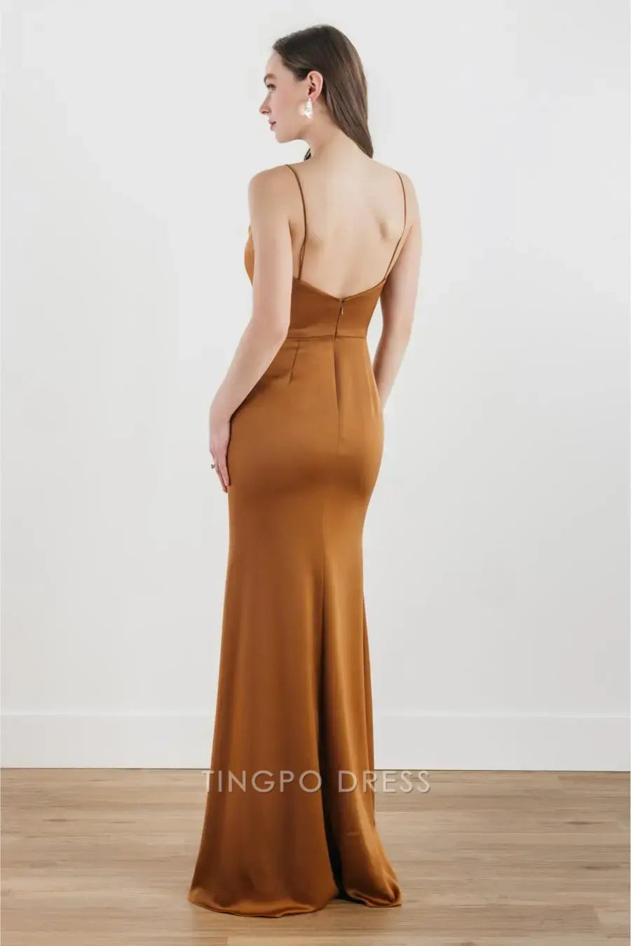 TingPo Wholesale Elegant Caramel Satin Cowl Neck Slip Dress - Elegant Bodycon Evening Gown